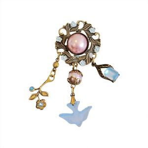 Vtg Banana Bob filagree ox gold rose and blue dove pearl chandelier earrings